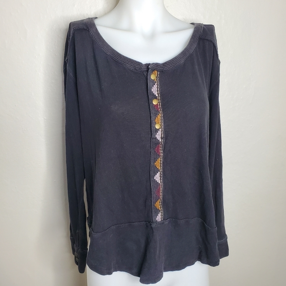 Free People Black Longsleeve Henley Embroidery XS
